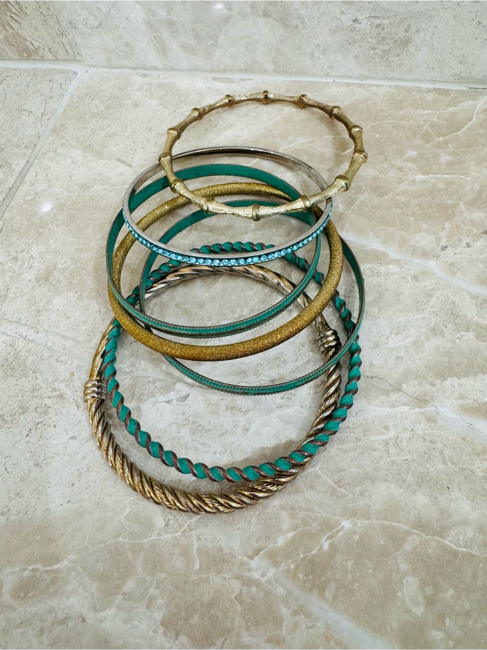 7pc Turquoise and Gold Mixed Metal Bangle Bracelet Set Patina Brass